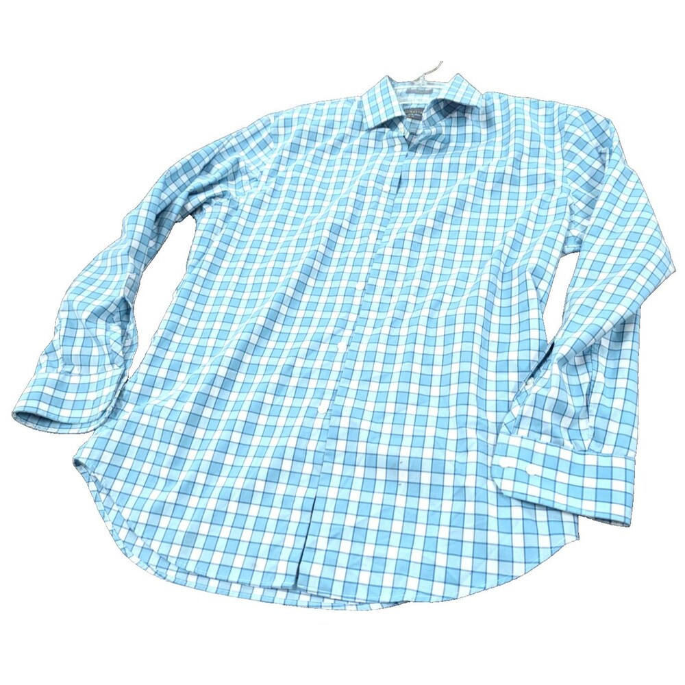Calibrate Non-Iron Slim Fit Check Button Up Dress Shirt Mens 16 32/33 Blue White